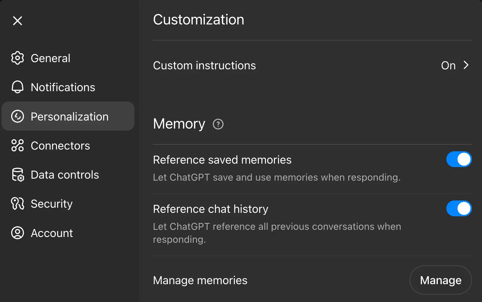 ChatGPT manage memories feature in settings menu