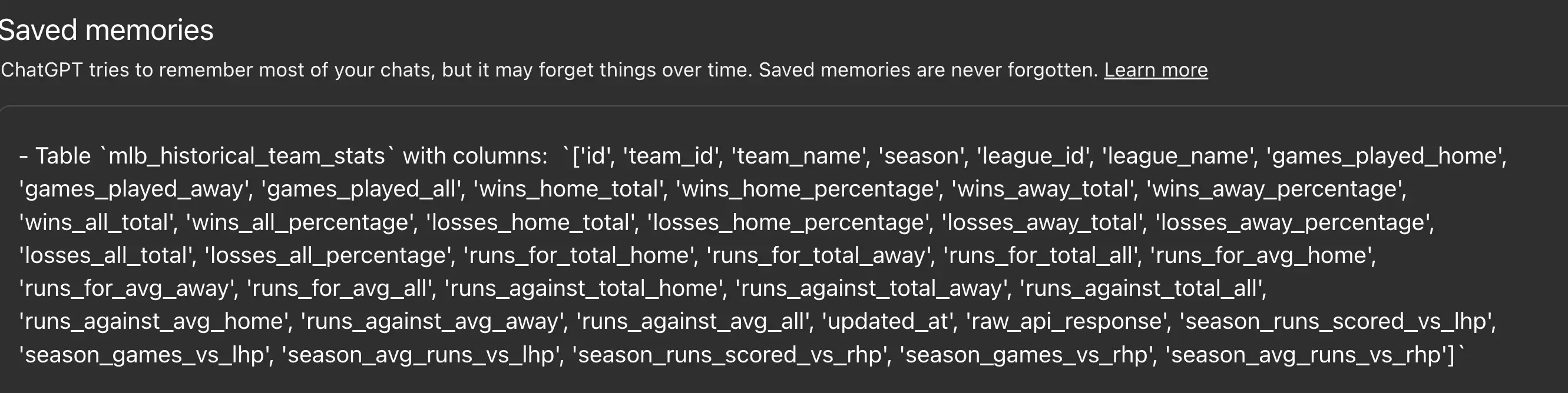 ChatGPT memories example