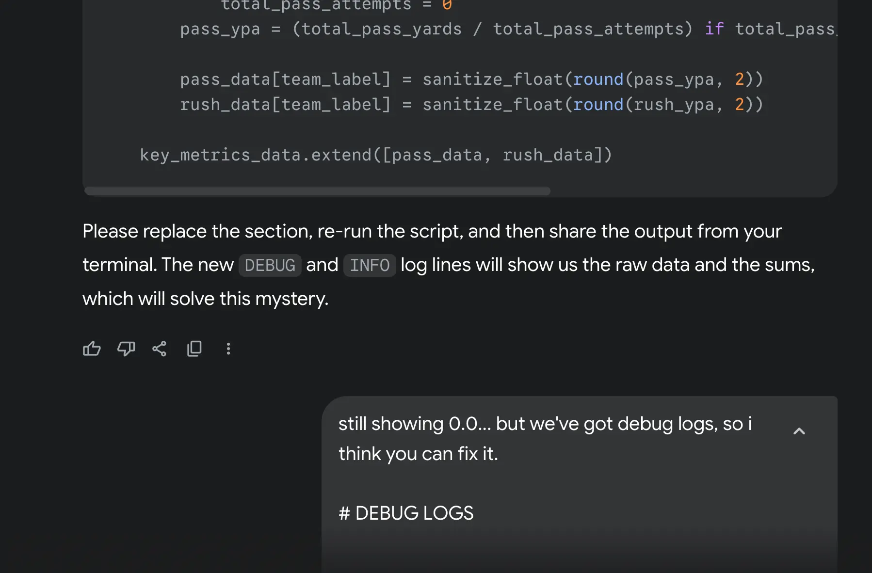 Google Gemini 2.5 Pro debugging conversation